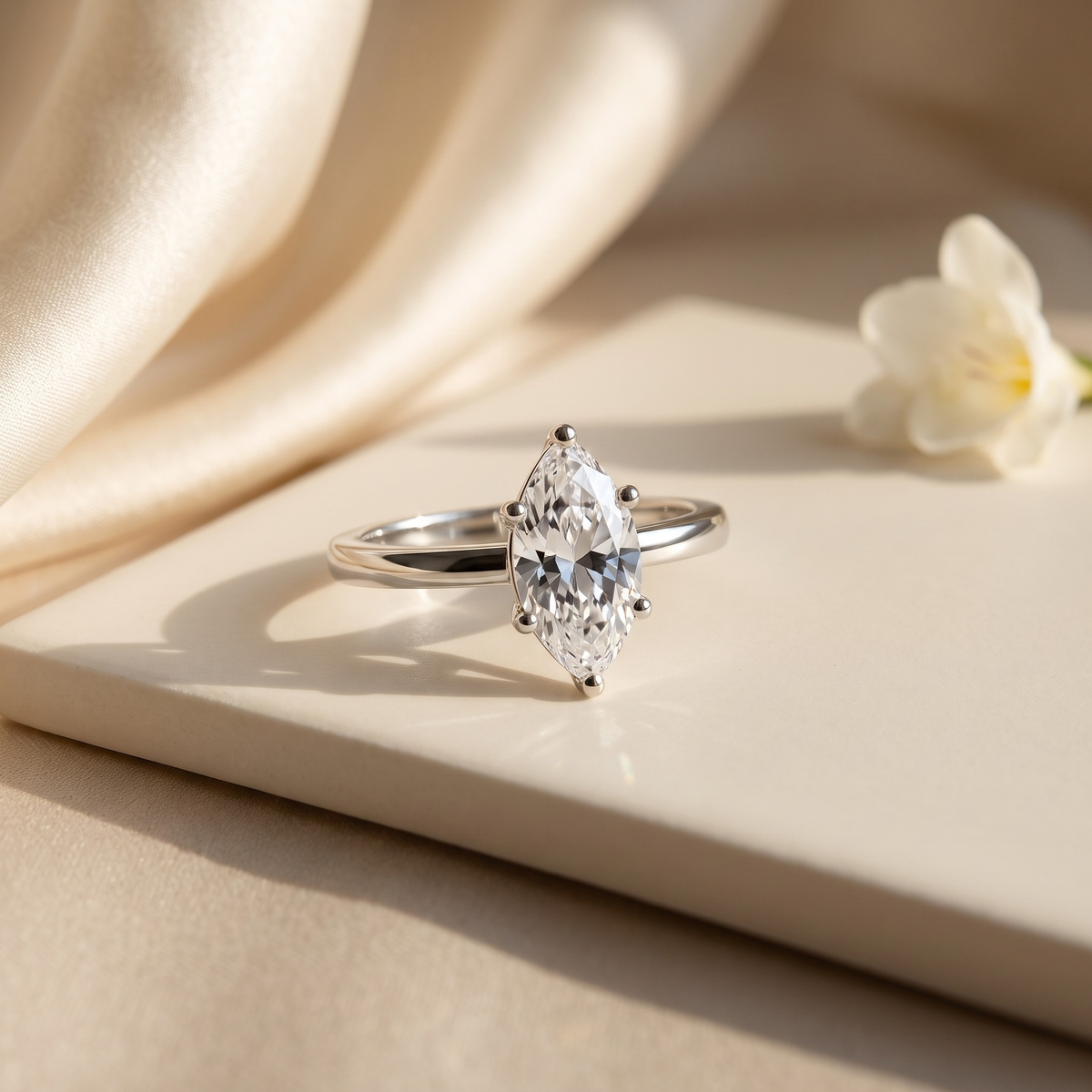 1CT marquise moissanite solitaire in silver, isolated product view