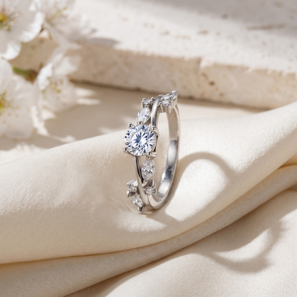 Vintage moissanite vine ring in silver, isolated product view