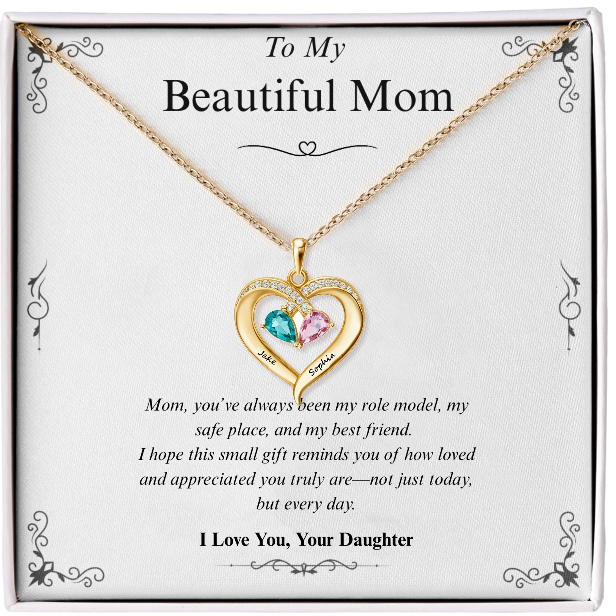 Beautiful Mom | Custom 2 Birthstones Heart Necklace