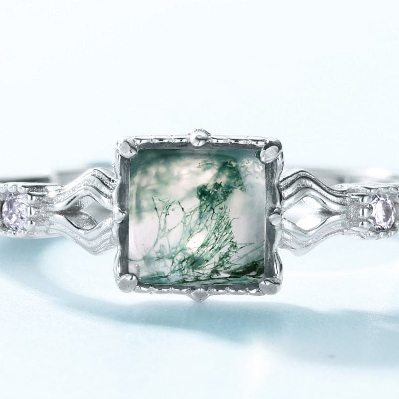 Gewellter Ring aus natürlichem Moosachat im Kissenschliff – S925 Sterling Silber
