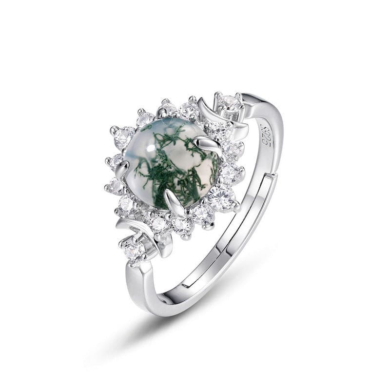 Runder natürlicher Moosachat-Blumen-Halo-Ring - S925 Sterling Silber