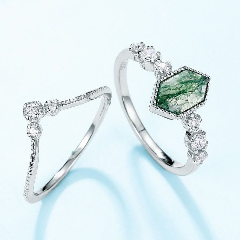 Serenity Kite Cut Moosachat & Diamant Ring Duo - S925 Sterling Silber