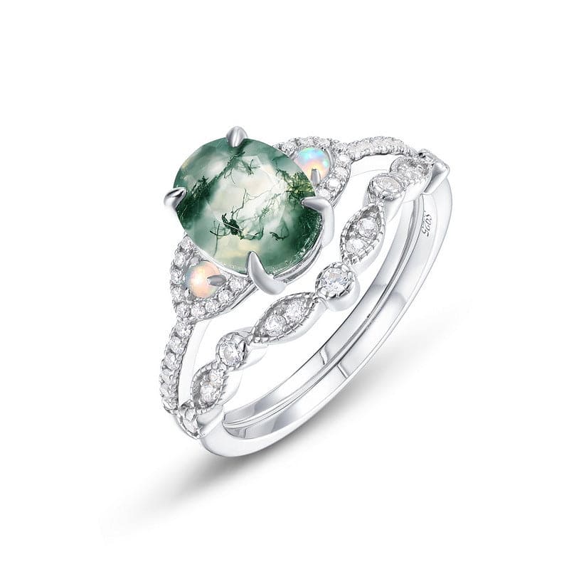 Oval geschliffener Moosachat-Diamant-Ring mit gebogenem Band, S925 Sterling Silber