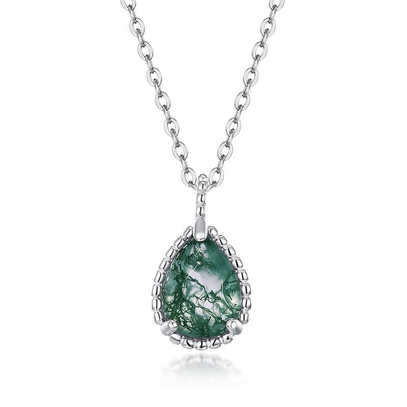 Teardrop Natural Moss Agate Basket Weave Pendant Necklace - S925 Sterling Silver