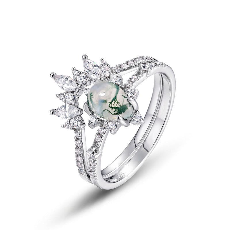 Silberring-Set mit mattiertem Moosachat im Drachenschliff und Marquise-Diamant – S925 Sterling Silber