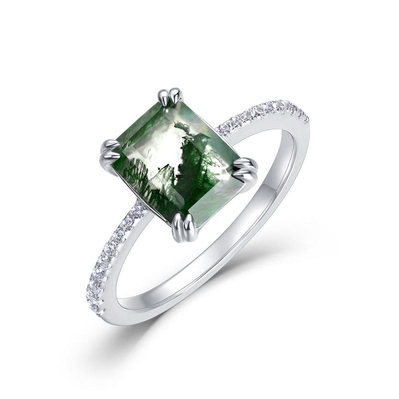 Pavé Diamanten Hexagonale Geslepen Natuurlijke Mosagaat Ring - S925 Sterling Zilver