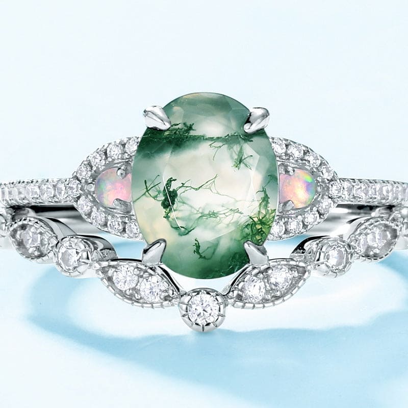 Oval geschliffener Moosachat-Diamant-Ring mit gebogenem Band, S925 Sterling Silber