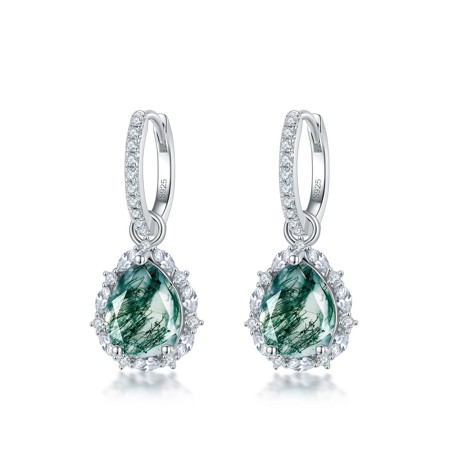 Tropfenförmige Halo-Ohrringe aus natürlichem Moosachat – S925 Sterling Silber