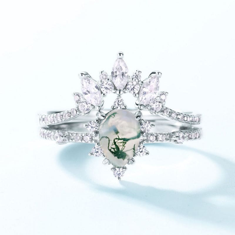 Silberring-Set mit mattiertem Moosachat im Drachenschliff und Marquise-Diamant – S925 Sterling Silber