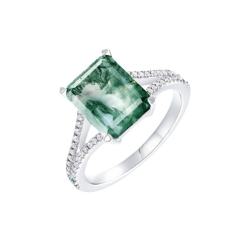 Halo-Ring aus natürlichem Moosachat und Diamanten im Kissenschliff – S925 Sterling Silber