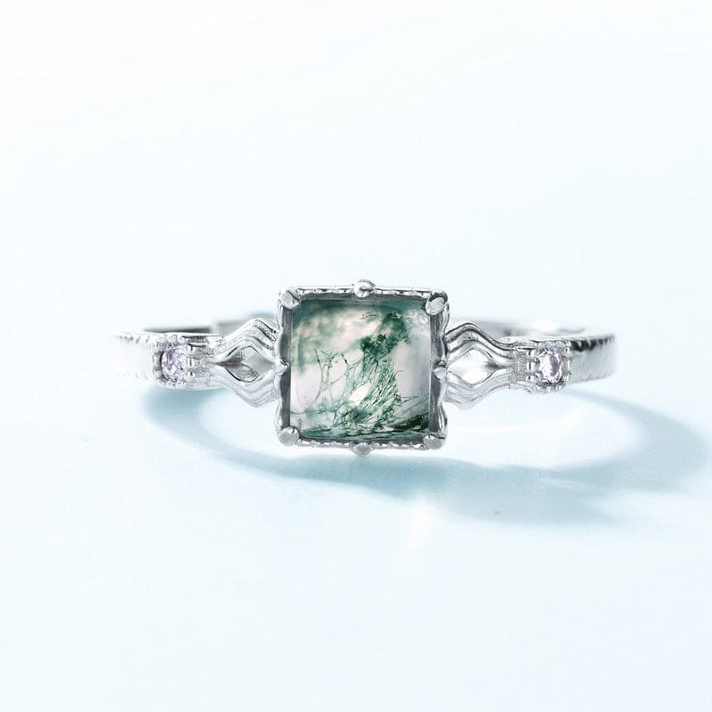 Gewellter Ring aus natürlichem Moosachat im Kissenschliff – S925 Sterling Silber