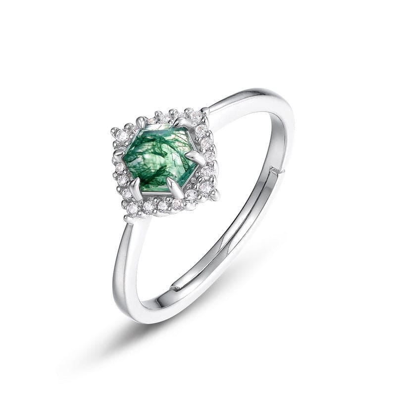Zeshoekige Natuurlijke Mos Agaat Halo Diamanten Ring - S925 Sterling Zilver