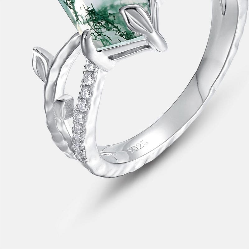 Natürlicher Moosachat-Diamant-Umarmungsring im Drachenschliff – S925 Sterling Silber