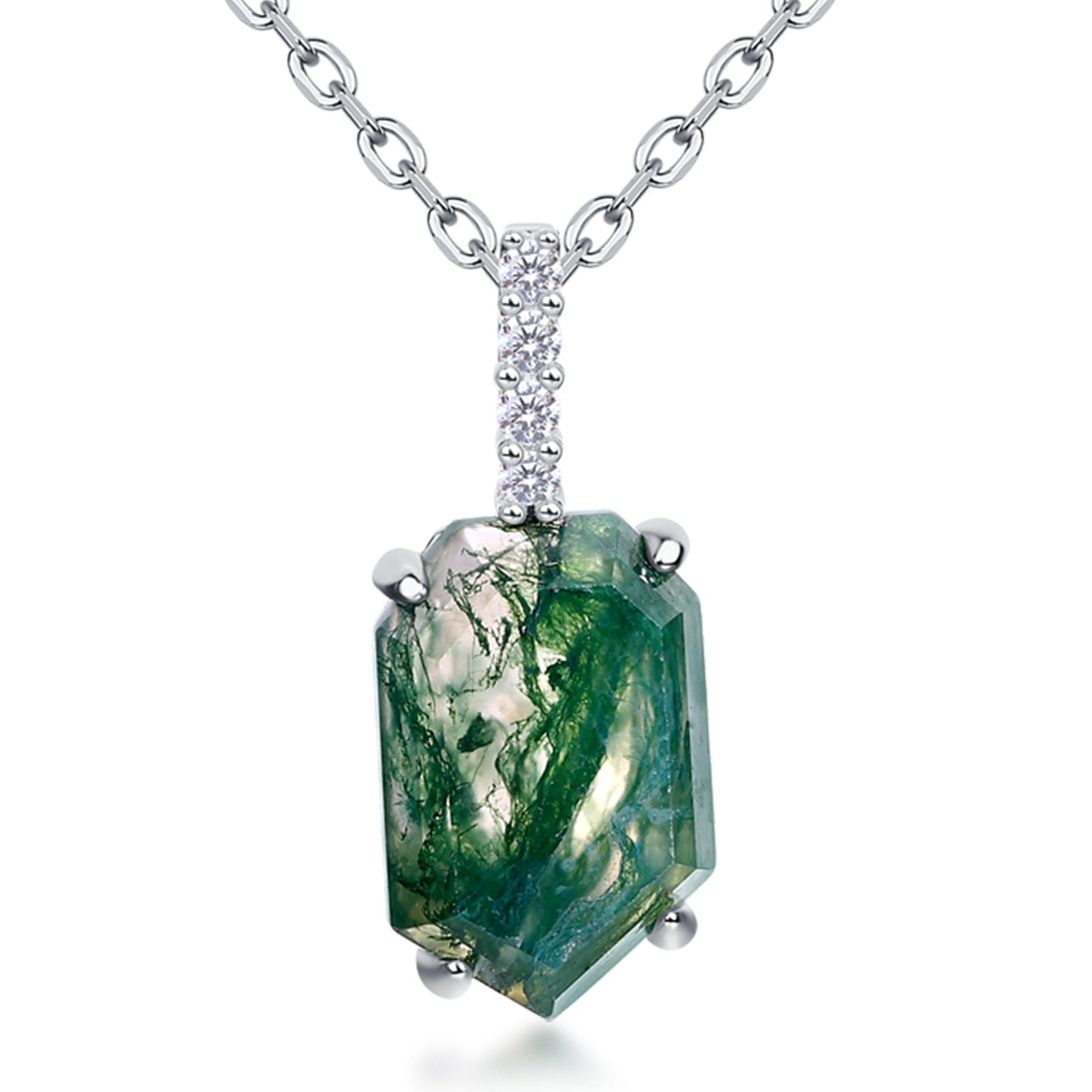 Coffin Cut Natuurlijke Mos Agaat Hanger Ketting - S925 Sterling Zilver