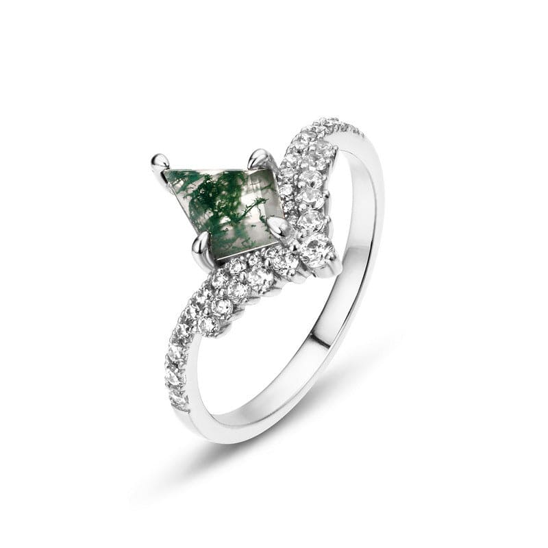 Swirl Diamonds Ring aus natürlichem Moosachat im Drachenschliff, 925er Sterlingsilber