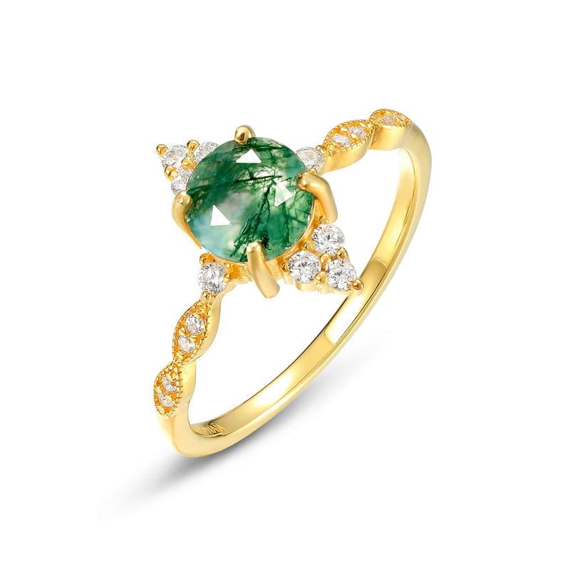 Natürlicher Moosachat-Goldring im Marquiseschliff mit Sonnenschliff – S925 Sterling Silber