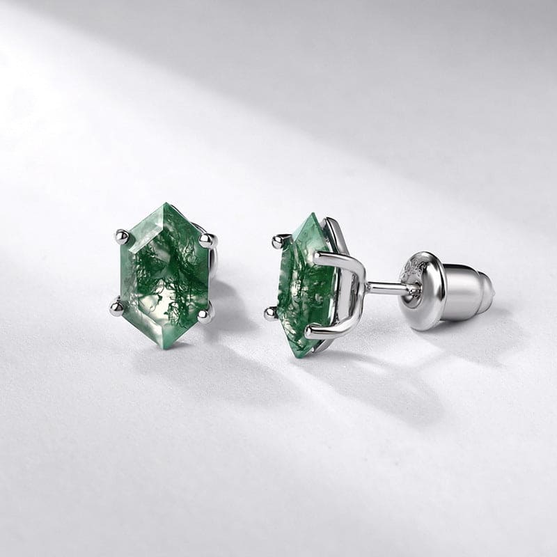 Ohrstecker im Sargschliff aus natürlichem Moosachat - S925 Sterling Silber