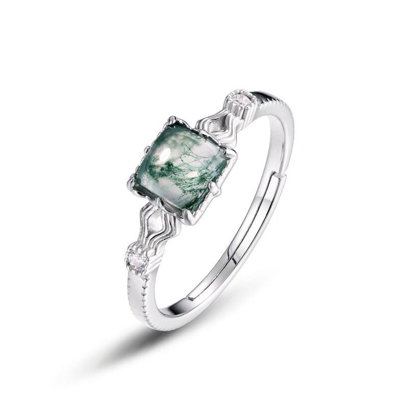 Gewellter Ring aus natürlichem Moosachat im Kissenschliff – S925 Sterling Silber