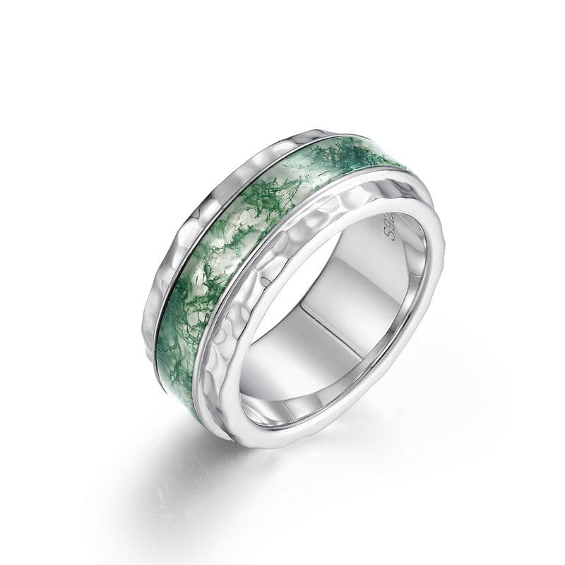 Natürlicher Moosachat Streamline Inlay Bandring - S925 Sterling Silber