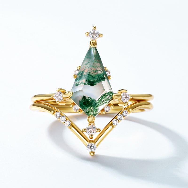 Kite Cut Natuurlijke Mos Agaat Gouden Ring Set - S925 Sterling Zilver