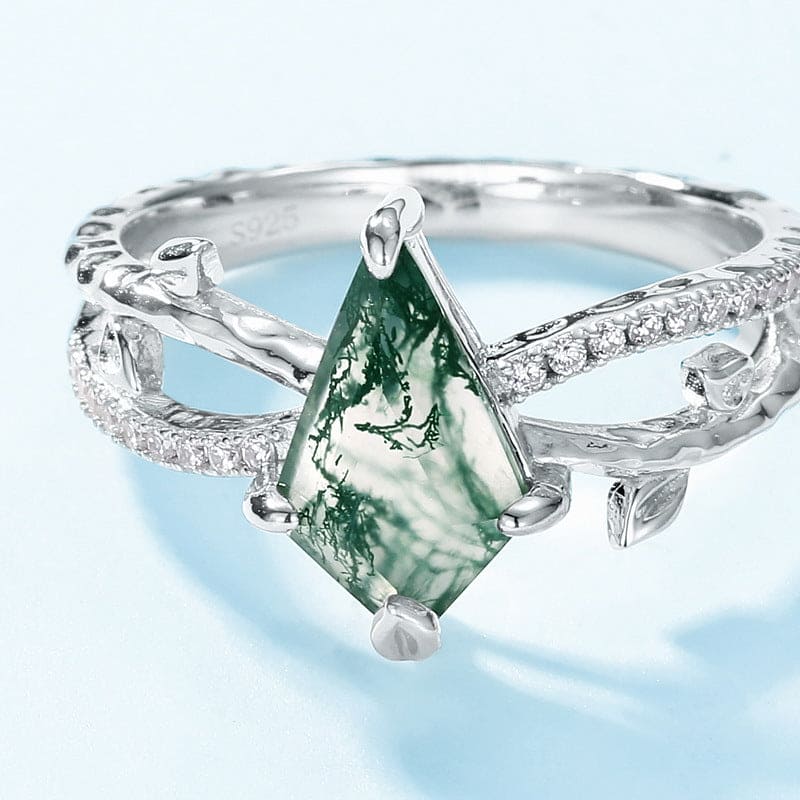 Natürlicher Moosachat-Diamant-Umarmungsring im Drachenschliff – S925 Sterling Silber