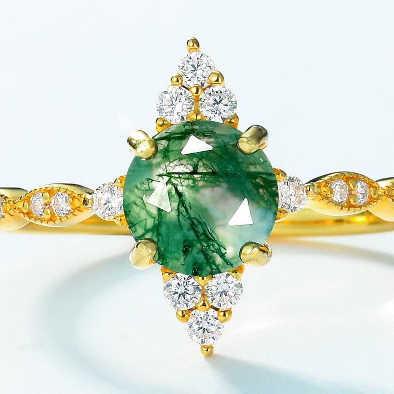 Natürlicher Moosachat-Goldring im Marquiseschliff mit Sonnenschliff – S925 Sterling Silber