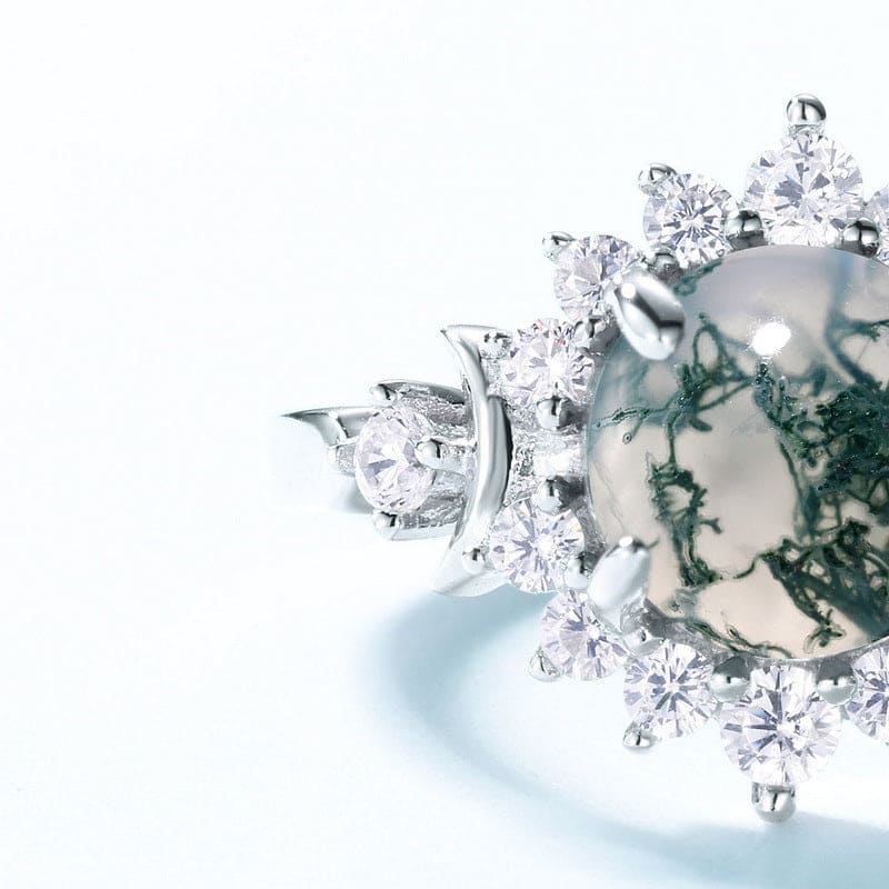 Runder natürlicher Moosachat-Blumen-Halo-Ring - S925 Sterling Silber