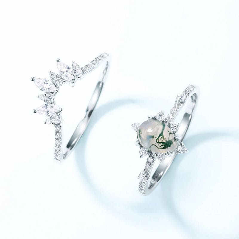 Silberring-Set mit mattiertem Moosachat im Drachenschliff und Marquise-Diamant – S925 Sterling Silber