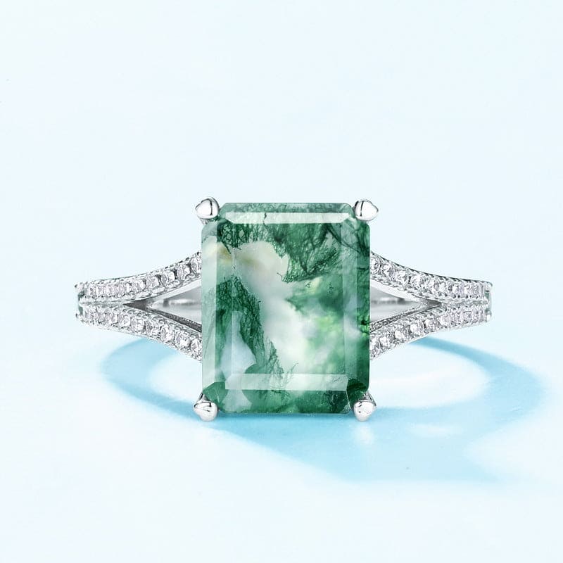 Halo-Ring aus natürlichem Moosachat und Diamanten im Kissenschliff – S925 Sterling Silber