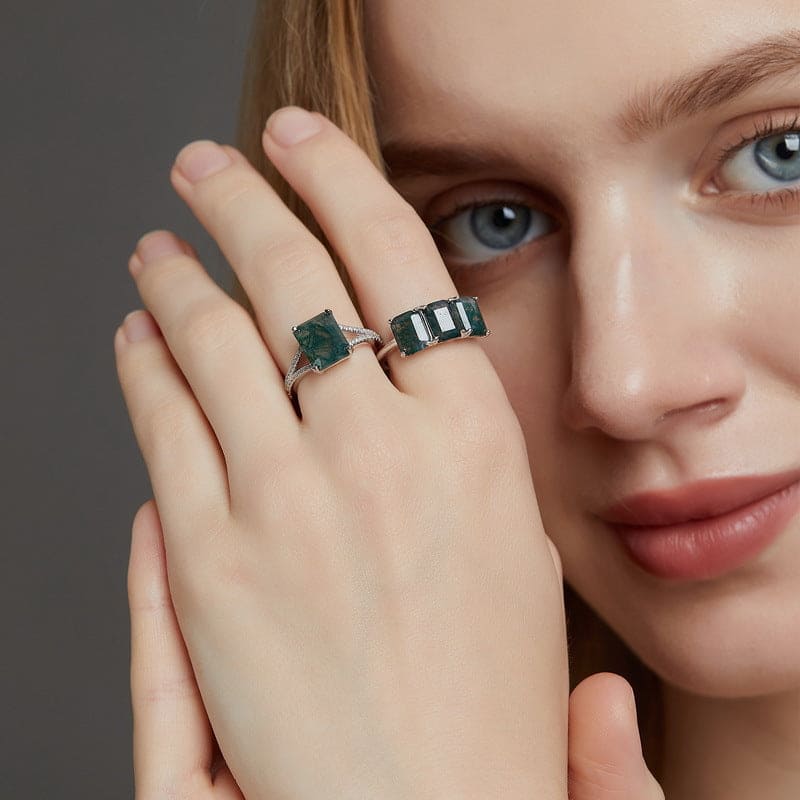 Halo-Ring aus natürlichem Moosachat und Diamanten im Kissenschliff – S925 Sterling Silber