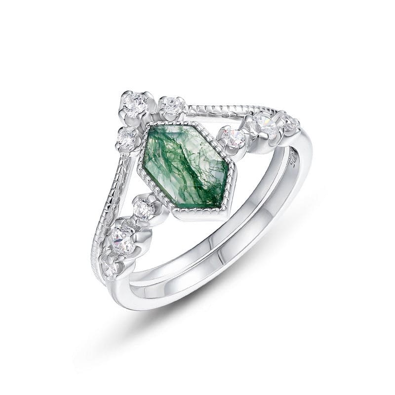 Serenity Kite Cut Moosachat & Diamant Ring Duo - S925 Sterling Silber