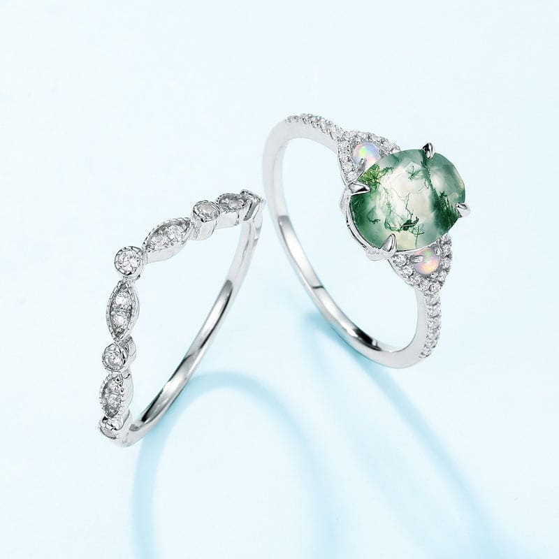 Oval geschliffener Moosachat-Diamant-Ring mit gebogenem Band, S925 Sterling Silber