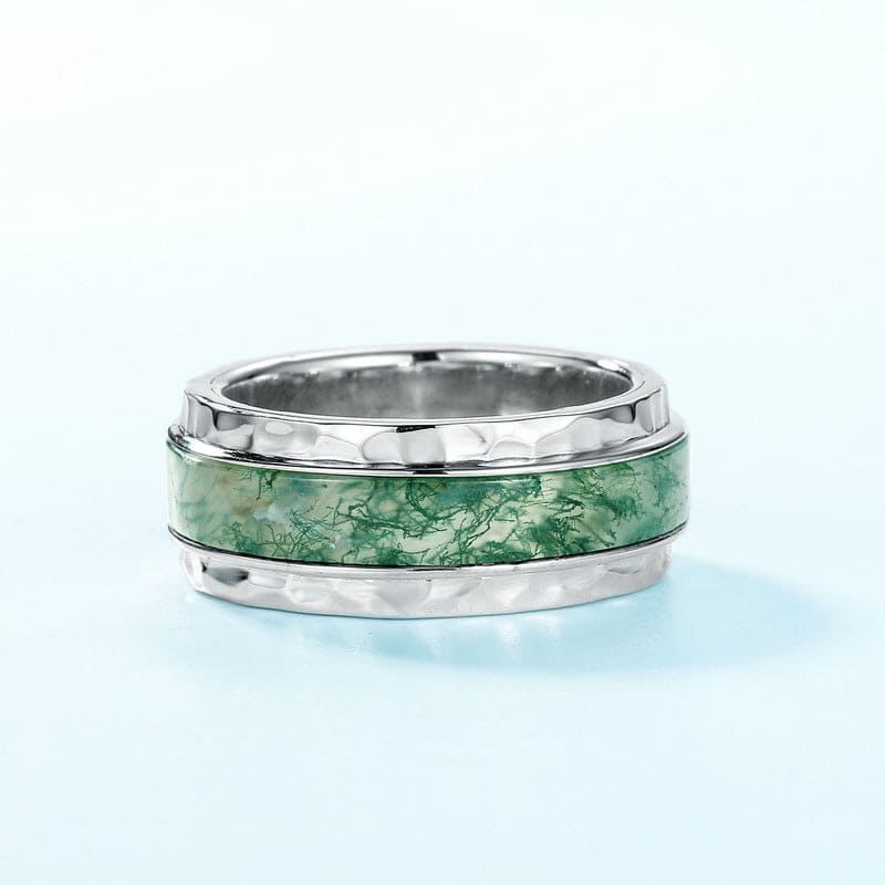 Natürlicher Moosachat Streamline Inlay Bandring - S925 Sterling Silber