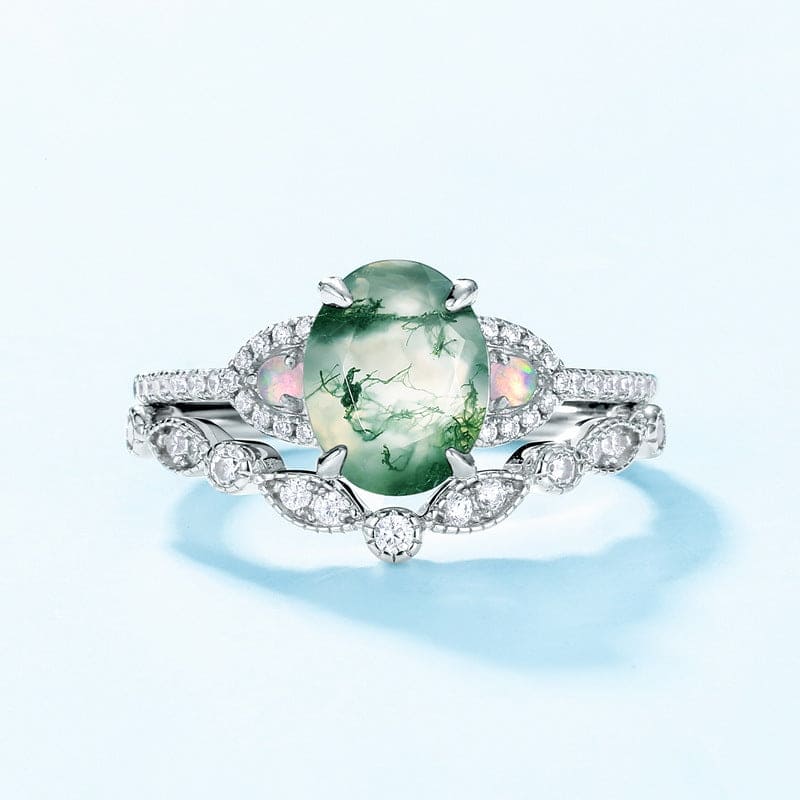 Oval geschliffener Moosachat-Diamant-Ring mit gebogenem Band, S925 Sterling Silber