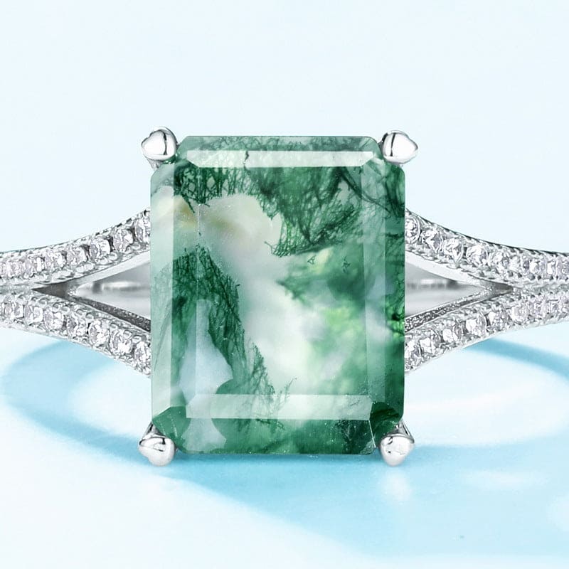 Halo-Ring aus natürlichem Moosachat und Diamanten im Kissenschliff – S925 Sterling Silber