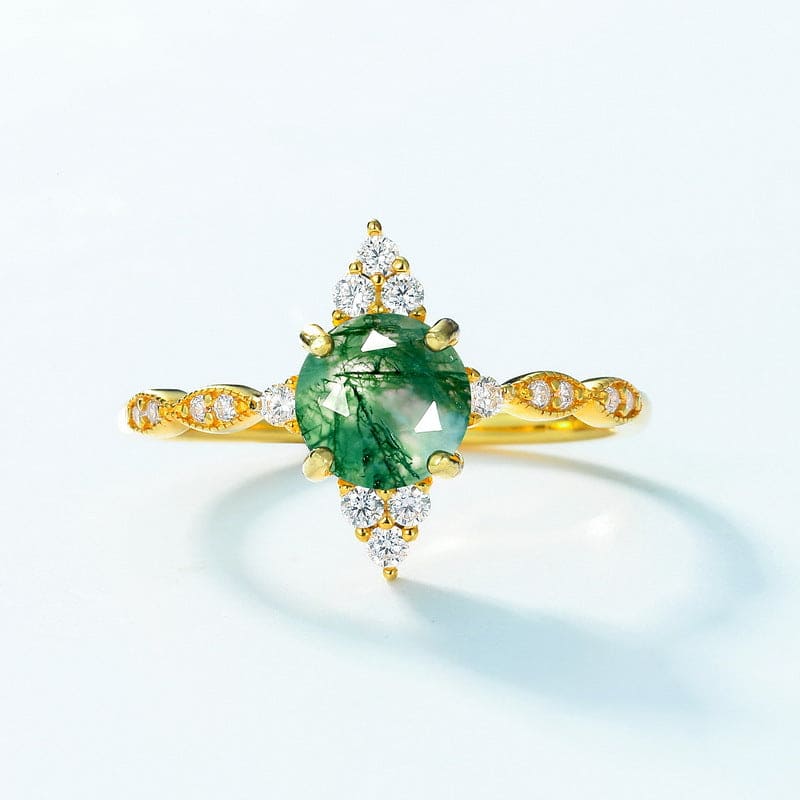 Natürlicher Moosachat-Goldring im Marquiseschliff mit Sonnenschliff – S925 Sterling Silber