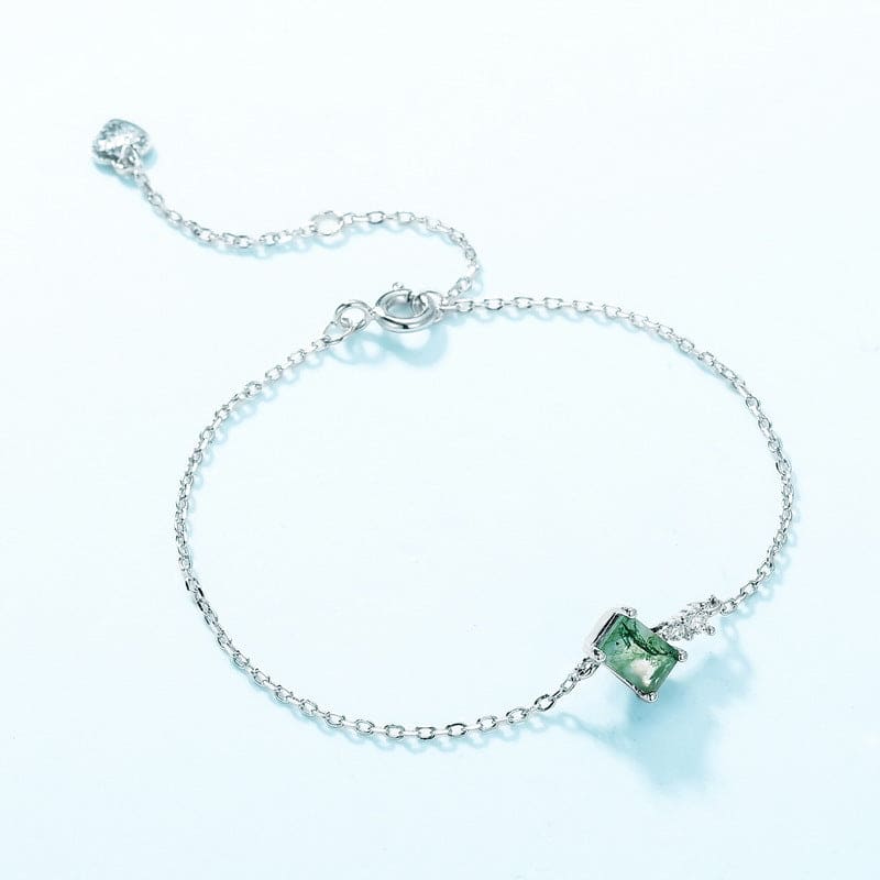 Square Cut Natural Moss Agate Charm Bracelet - S925 Sterling Silver