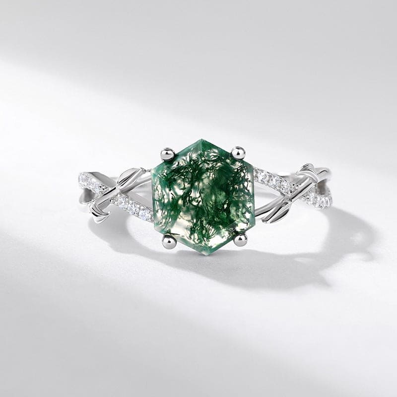 Bague hexagonale en agate mousse naturelle avec détail diamant - Argent Sterling S925