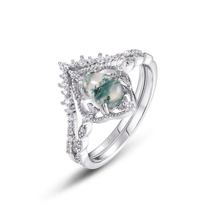 Diamantbesetztes Ringset aus natürlichem Achat im Ovalschliff – S925 Sterling Silber