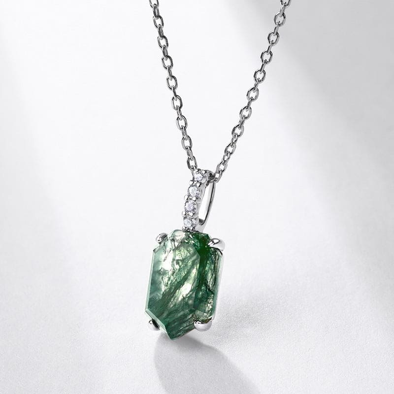 Coffin Cut Natuurlijke Mos Agaat Hanger Ketting - S925 Sterling Zilver