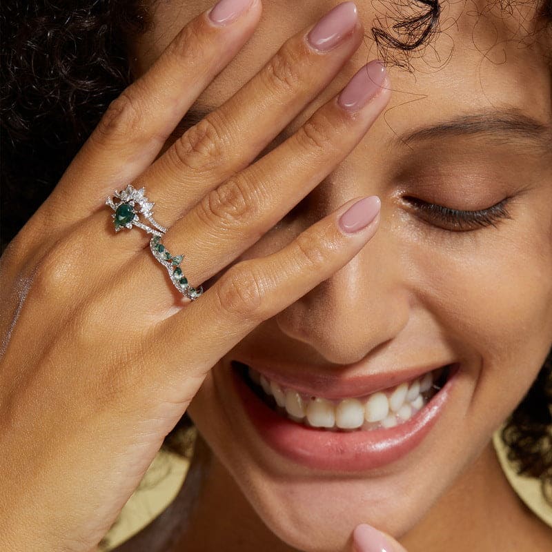 Silberring-Set mit mattiertem Moosachat im Drachenschliff und Marquise-Diamant – S925 Sterling Silber