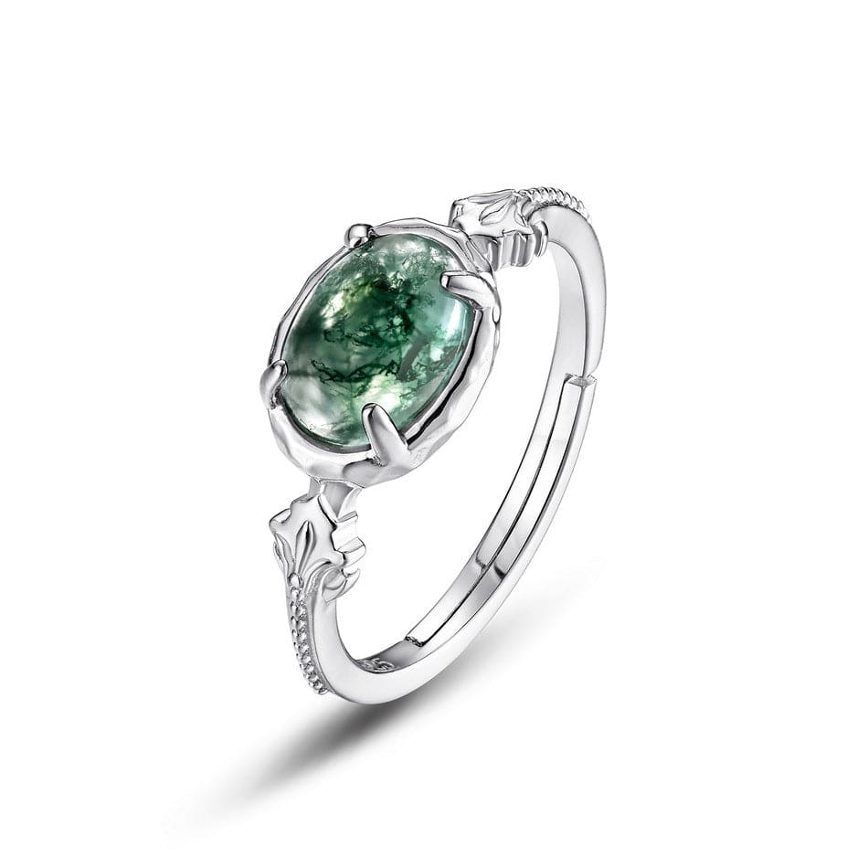 Ovaler Ring mit Gravur aus natürlichem Moosachatblatt – S925 Sterling Silber