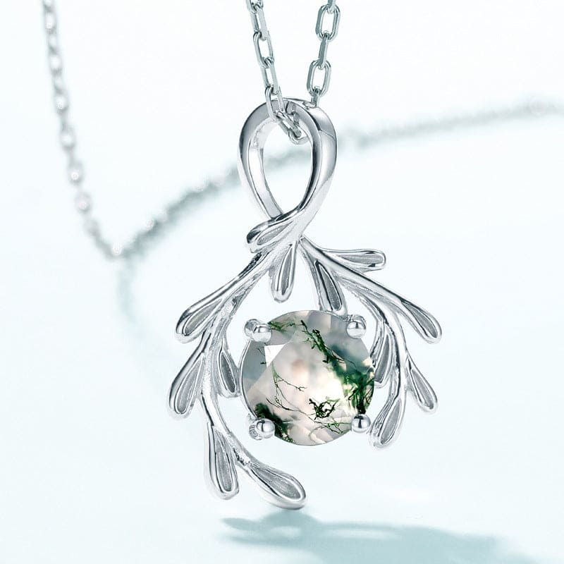 Botanical Embrace Halskette mit Anhänger aus natürlichem Moosachat – S925 Sterling Silber