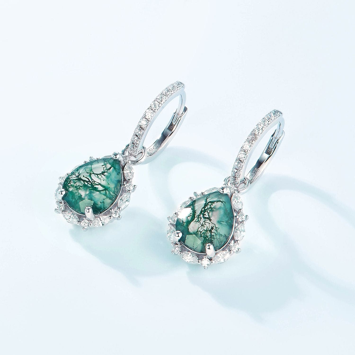 Tropfenförmige Halo-Ohrringe aus natürlichem Moosachat – S925 Sterling Silber