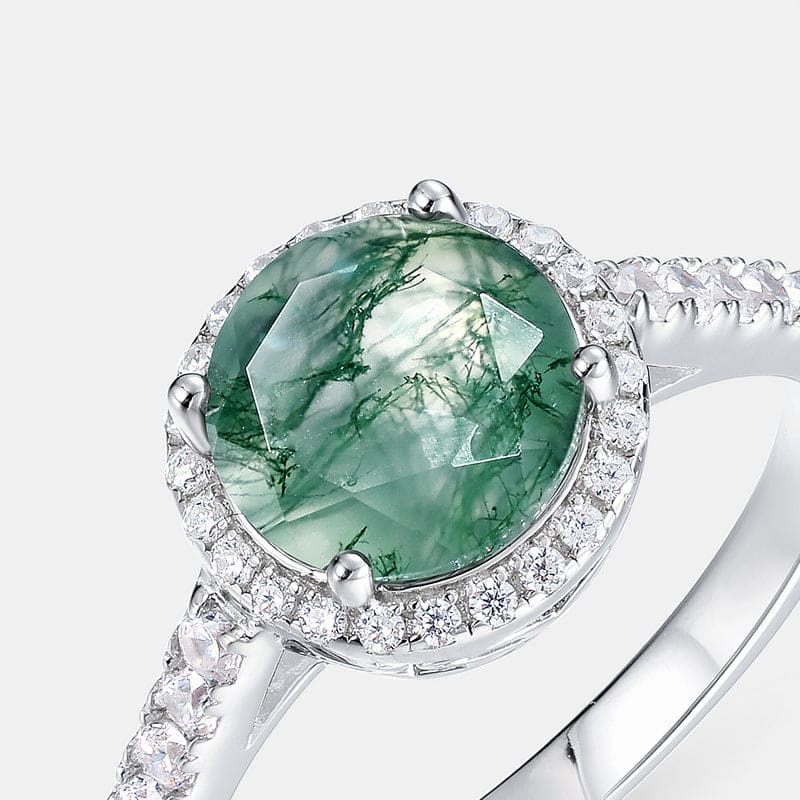 Ovaler Ring aus natürlichem Moosachat und Diamanten – S925 Sterling Silber