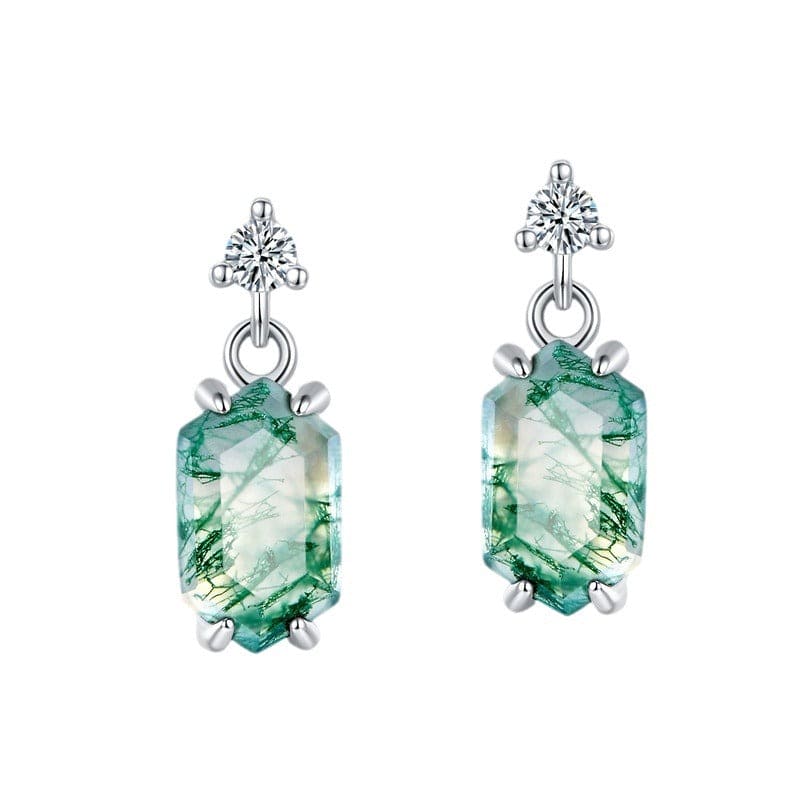 Barrel Cut Natural Moss Agate Dangle Earrings - S925 Sterling Silver