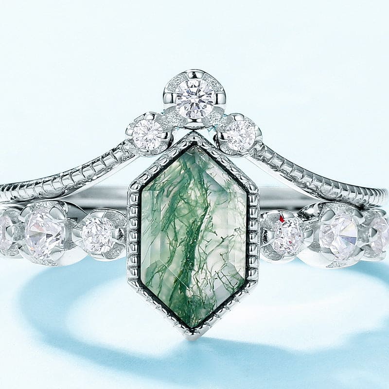 Serenity Kite Cut Moosachat & Diamant Ring Duo - S925 Sterling Silber