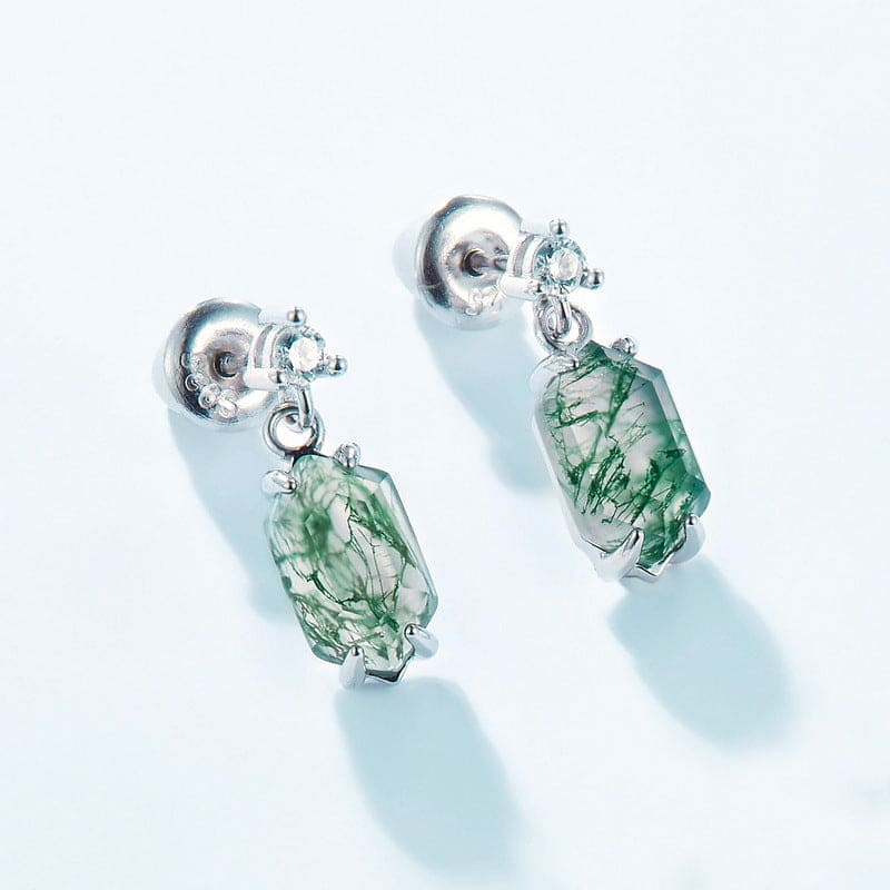Natürliche Moosachat-Ohrhänger im Fassschliff – S925 Sterling Silber