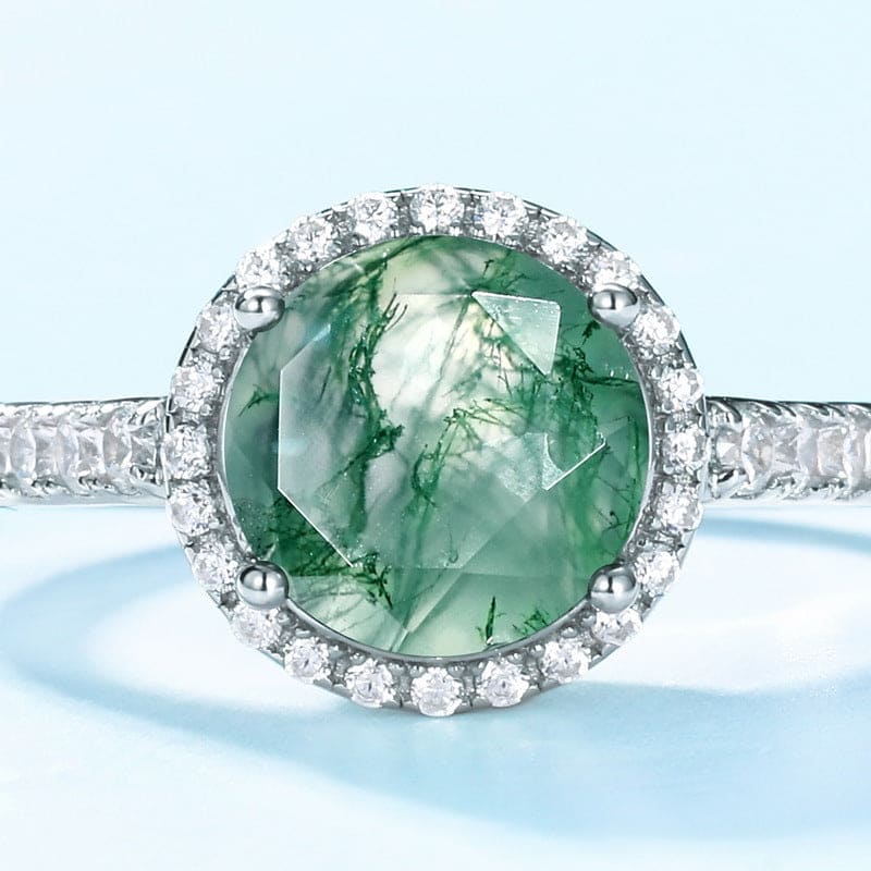 Ovaler Ring aus natürlichem Moosachat und Diamanten – S925 Sterling Silber