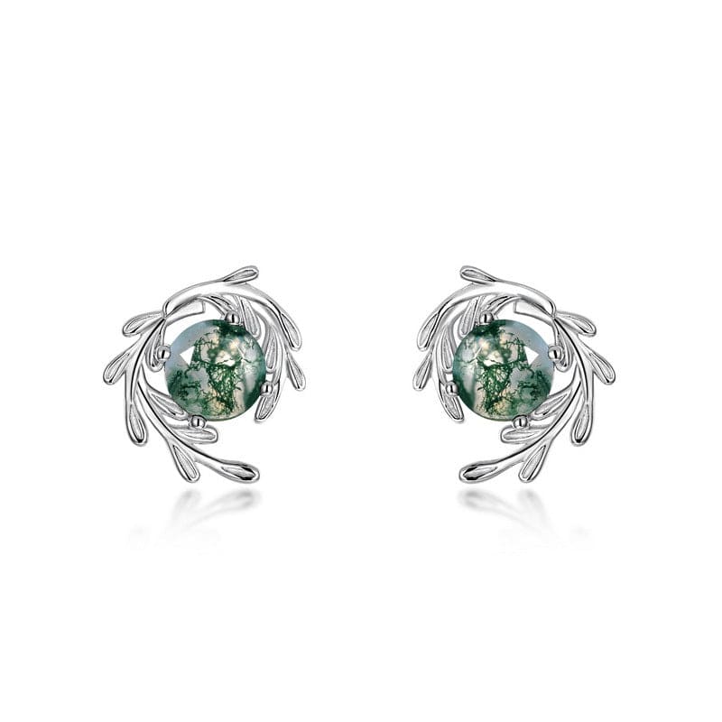 Vine Wrap Natural Moss Agate Stud Earrings - S925 Sterling Silver